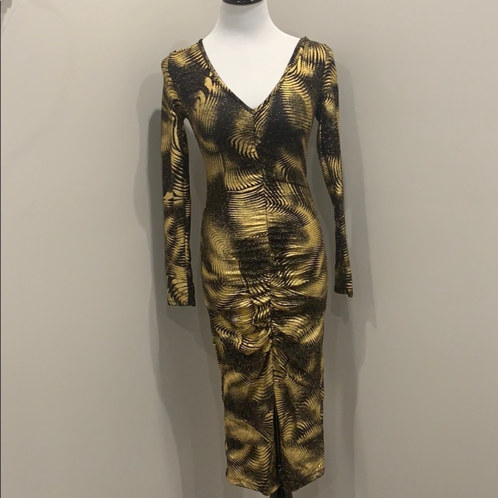 Midi pencil dress with gold embroidery
